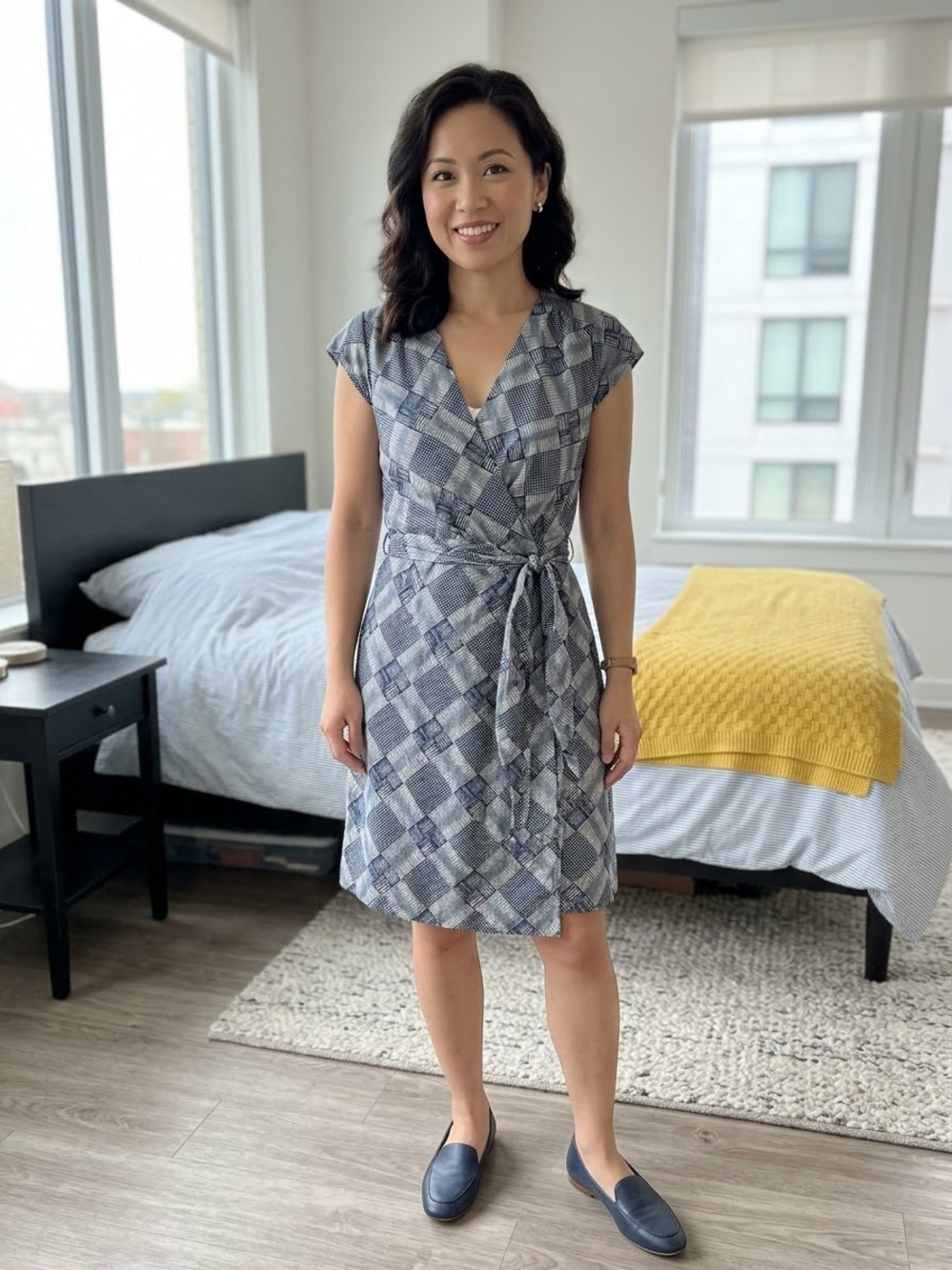 Banana Republic Factory Navy and White Geometric Wrap-Style Midi Dress